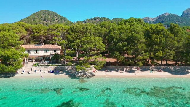 Aerial view of Playa de Formentor at Cala Pi de la Posada bay in Mallorca