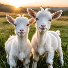 Obraz premium Two Adorable Baby Goats at Sunset