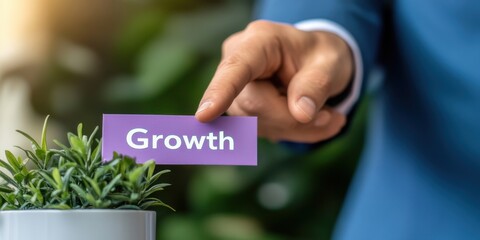 Person placing growth label on small plant in modern office space representing development and progress