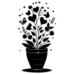 Black Silhouette of Flower Pot with Hearts and Buds