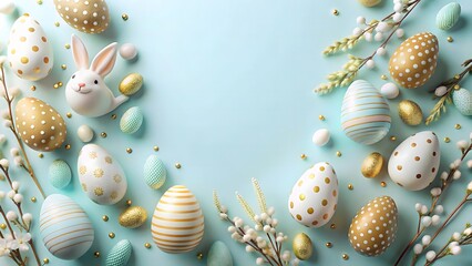 Easter party concept. Top view photo of easter bunny ears white pink blue and yellow eggs on isolated pastel colourde background with copyspace in the middle