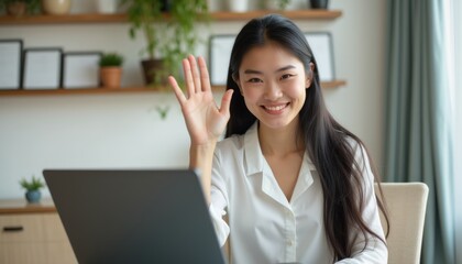 A bright and inviting home office scene features a smiling young Asian woman waving enthusiastically at her laptop. Her warm expression and the cozy background filled with plants create a friendly