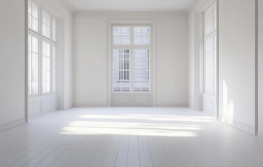 bright, minimal white interior with large windows and wooden flooring creates serene and spacious atmosphere. Sunlight streams through windows, enhancing airy feel