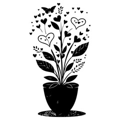 Heart-Shaped Leaves and Butterfly Black Silhouette