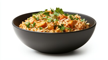 Wholesome rice bowl with fresh carrots and parsley, a vibrant healthy meal steaming