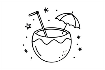outline drawing coconut drink with straw