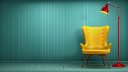 Brightly lit interior, yellow chair with red lamp in a modern setting 