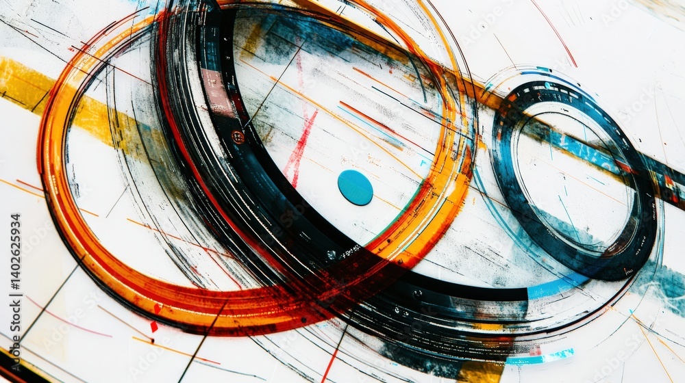 Poster abstract composition featuring colorful circular patterns and dynamic lines on a textured background