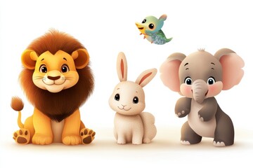 Fototapeta premium Baby animal vector illustration with smiling lion, panda, bunny, and elephant