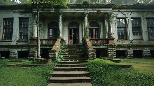 Old abandoned colonial-style mansion with overgrown grass, broken windows, decaying facade, and forested background in moody daylight

