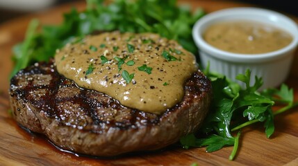 A mouthwatering close-up of a grilled steak resting on a wooden plate, drenched in creamy peppercorn sauce and garnished with freshly chopped parsley. 