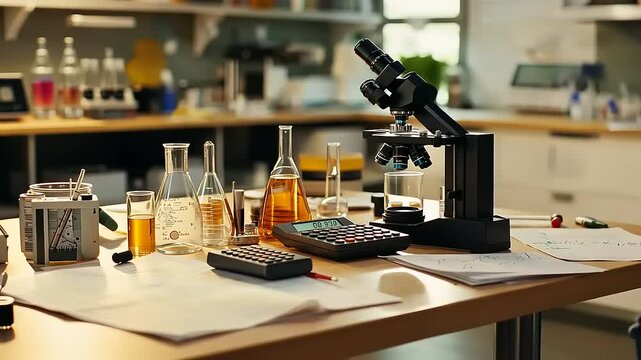 Laboratory scene featuring a microscope surrounded by glassware, papers, and scientific tools