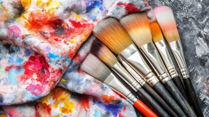 Fototapeta premium Colorful Paintbrushes on a Paint Stained Cloth