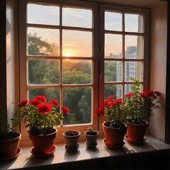 Fototapeta premium Sunset View Through Window with Red Flowers