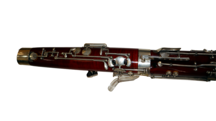 Close-up view of a bassoon showcasing its wooden craftsmanship and metal keys, ideal for musical education and instrument analysis, emphasizing its rich tones in performances.