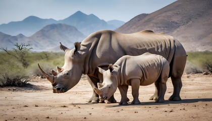 Fototapeta premium White Rhinoceros Mother and Calf in African Savanna