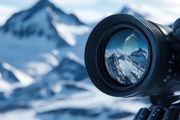 A close-up of the camera lens, showing snow-covered mountains in focus and a reflection on its surface. 