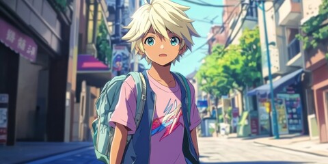 Obraz premium Young boy explores a vibrant urban street filled with shops during a sunny day in a lively city