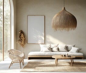 Scandinavian interior design minimalist living room with wooden furniture and woven pendant light in morning sunlight
