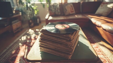 Stack of old vinyl records on coffee table in a warm living room vintage music collection for home listening 