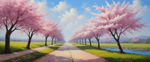 Serene Springtime Pathway Lined with Cherry Blossoms