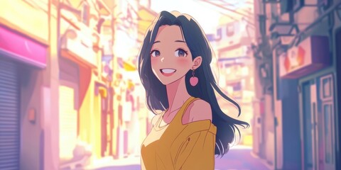 Smiling girl in a vibrant street of a colorful city during sunny afternoon
