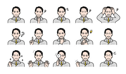 シニア世代の男性作業員の様々な表情バリエーションセット