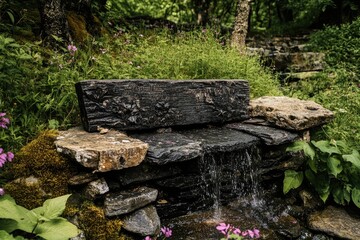Obraz premium A rustic, handcrafted stone waterfall sitting on top of large flat rock in the garden with purple flowers. 