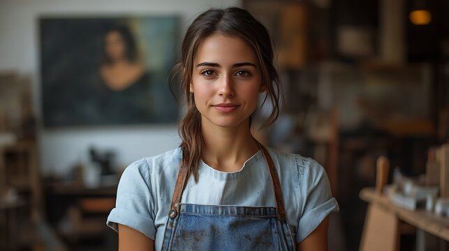young female painter in creative studio space wearing a worn out denim apron posing for portrait with confidence and artistic flair