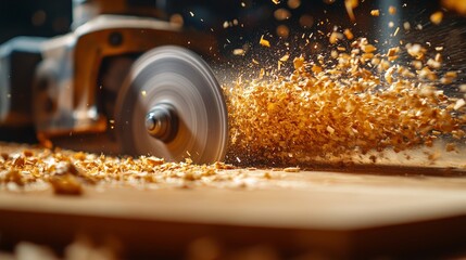 Wood shavings scatter as the tool spins, showcasing craftsmanship and precision
