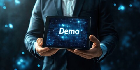 Professional presentation of a digital demo on a tablet during a business meeting in a modern setting