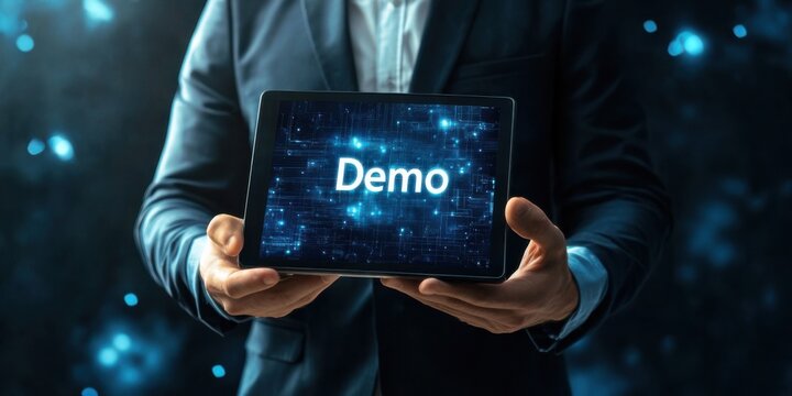 Professional presentation of a digital demo on a tablet during a business meeting in a modern setting