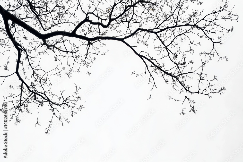 Aufkleber Silhouettes of tree branches create a striking contrast against a bright white sky on a calm day in springtime