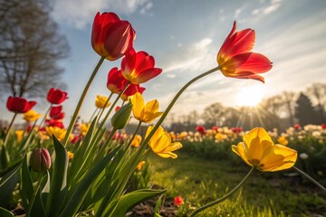 Obraz premium Red and yellow tulips blooming in a sunny field