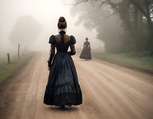 Victorian Women Walking on a Misty Road