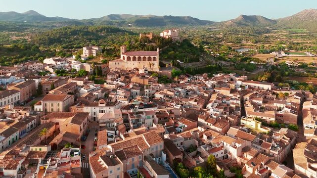 Aerial view of Arta town in Mallorca at sunrise, Balearic Islands, Spain.
