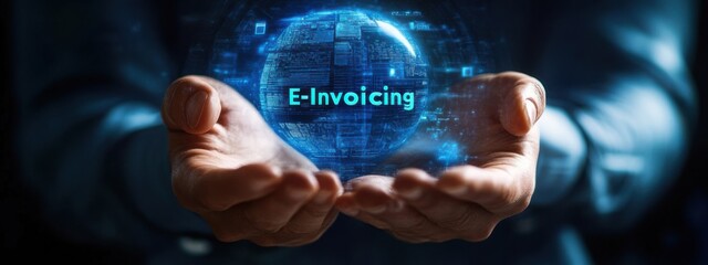 Hands holding a glowing globe displaying e-invoicing technology in a digital world context
