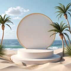 Obraz premium Tropical Beach Summer Mockup Blank Circle Sign on Podium