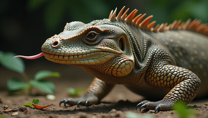 Fototapeta premium Close-Up of Colorful Lizard with Spikes Extending Its Tongue