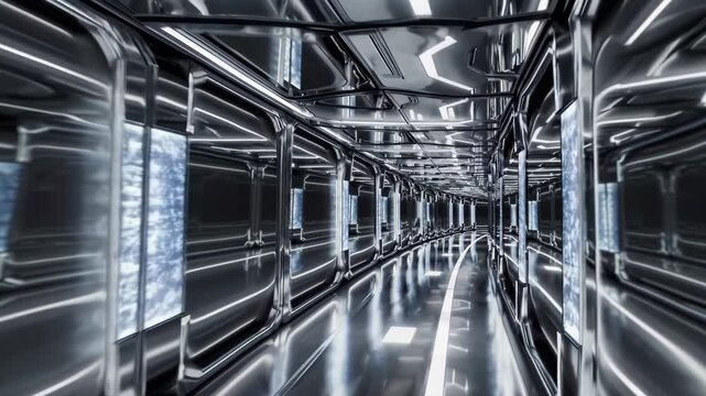 Metallic corridor features infinite reflections under sleek overhead lights; metallic corridor merges industrial minimalism, metallic corridor evokes futuristic vibe. Concept shining labyrinth