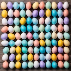 Obraz premium Pastel Easter Eggs Arranged on Wooden Background