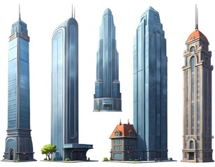 Five Diverse City Buildings, Architectural Styles, Urban Skyline Illustration