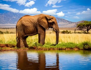 Obraz premium Un majestuoso Elefante se arrodilla junto a una fuente de agua cristalina en la sabana. Bebe lentamente, con la mirada fija en el agua cristalina,