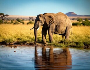 Fototapeta premium Un majestuoso Elefante se arrodilla junto a una fuente de agua cristalina en la sabana. Bebe lentamente, con la mirada fija en el agua cristalina,