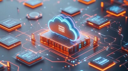 Multiple server racks transmitting data to a cloud storage system, visualized by futuristic connections and bright lights, represent a modern data center environment
