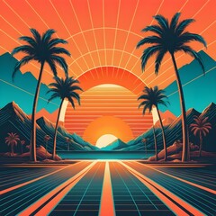 Naklejka premium Retro Sunset Highway to Paradise