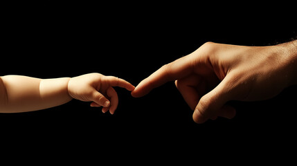 Tender connection between baby and adult hand signifies love and unity on a black background 
