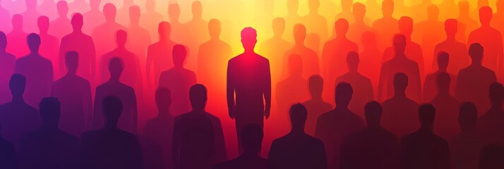 Obraz premium Standing out from the crowd: a brightly lit individual amongst a faceless group symbolizing uniqueness leadership and personal identity against a colorful background 