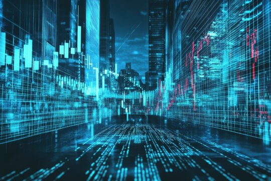 Digital cityscape with financial data representation at night time