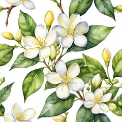 Obraz premium Watercolor Seamless Pattern of White Orange Blossoms